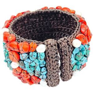 Signed SOMS TH Turquoise Coral Pearl Boho Artisan Woven Adjustable Cuff Bracelet